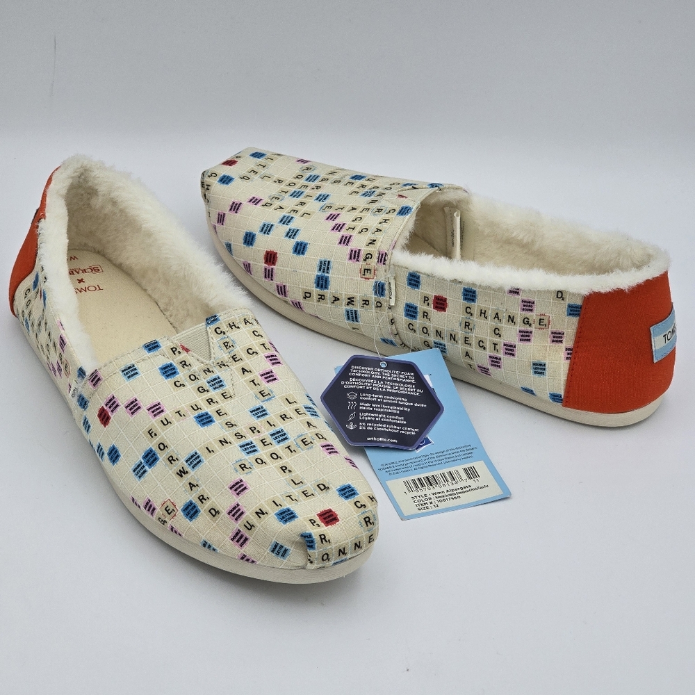 NWT TOMS Scrabble Gameboard Print Faux Fur Lined Alpargata Slip-ons, Women's 12
